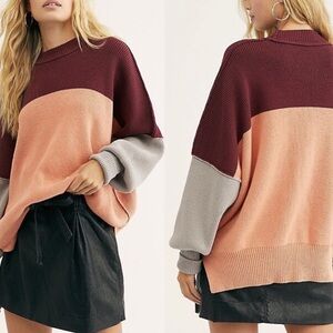 Free People Colorblock Sweater in Burgundy, Peach, and Gray
